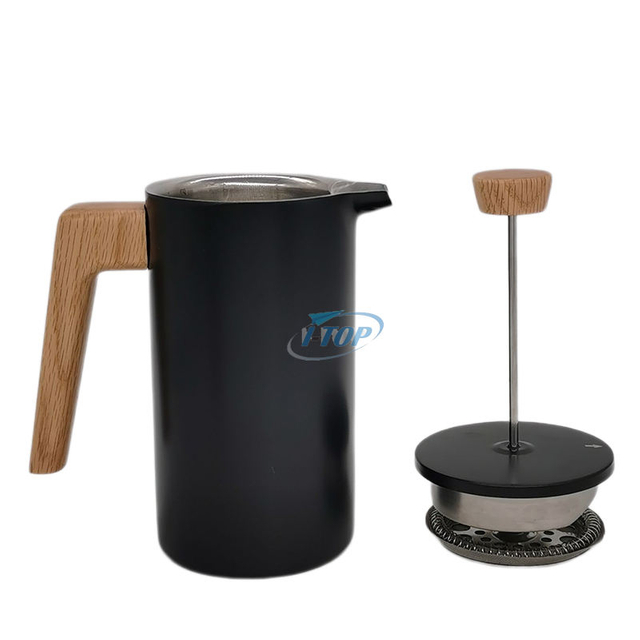 Cafetera de acero inoxidable 304 con mango de madera térmica aislada de doble pared de prensa francesa