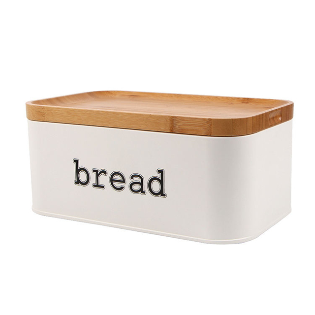 Caja de pan de metal vintage de almacenamiento de cocina con tapa de tabla de cortar de bambú