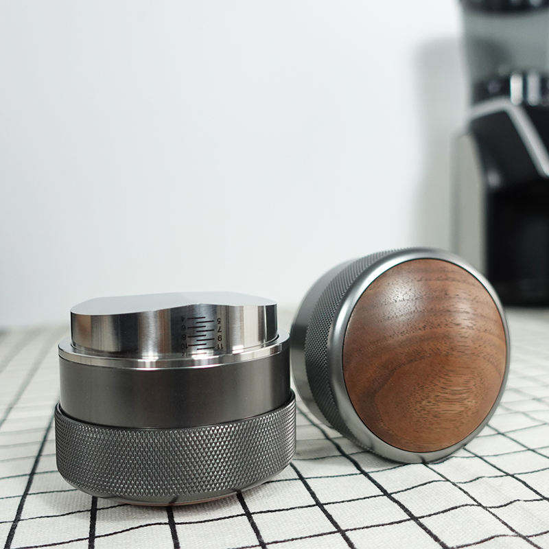 Distribuidor de café de 58 mm, distribuidor de café de acero inoxidable, decoración de nogal, distribuidor de café de altura ajustable con madera