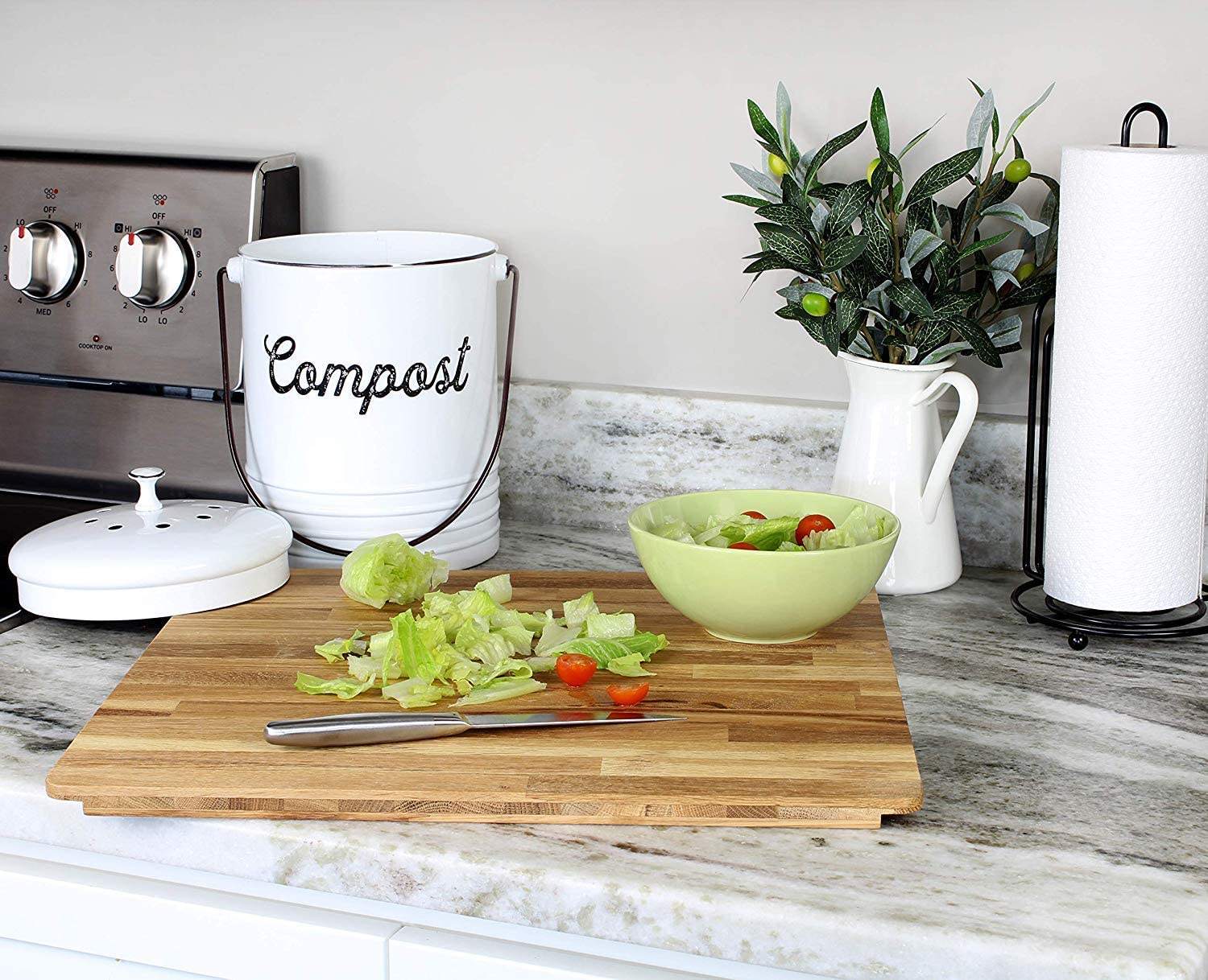 Compostador de 1,3 galones para encimera de cocina, a prueba de óxido, filtros antiolor para interiores, cubo de compostaje con tapa
