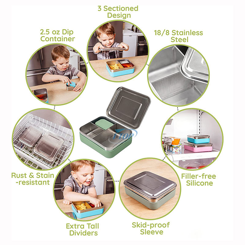 Nueva llegada a prueba de fugas 3 compartimentos escuela niños estilo bento contenedor de almacenamiento de alimentos fiambrera de acero inoxidable fiambrera bento para
