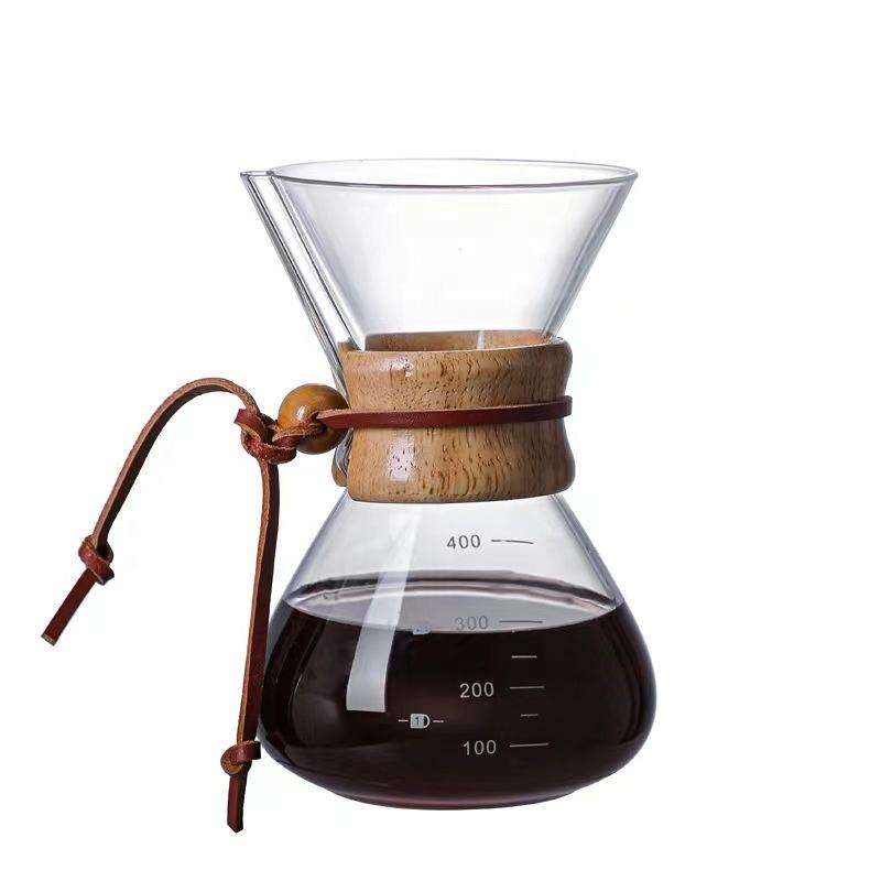 Venta caliente verter sobre cafetera jarra de vidrio de borosilicato alto con goteo de café de acero inoxidable sin papel y manga de madera