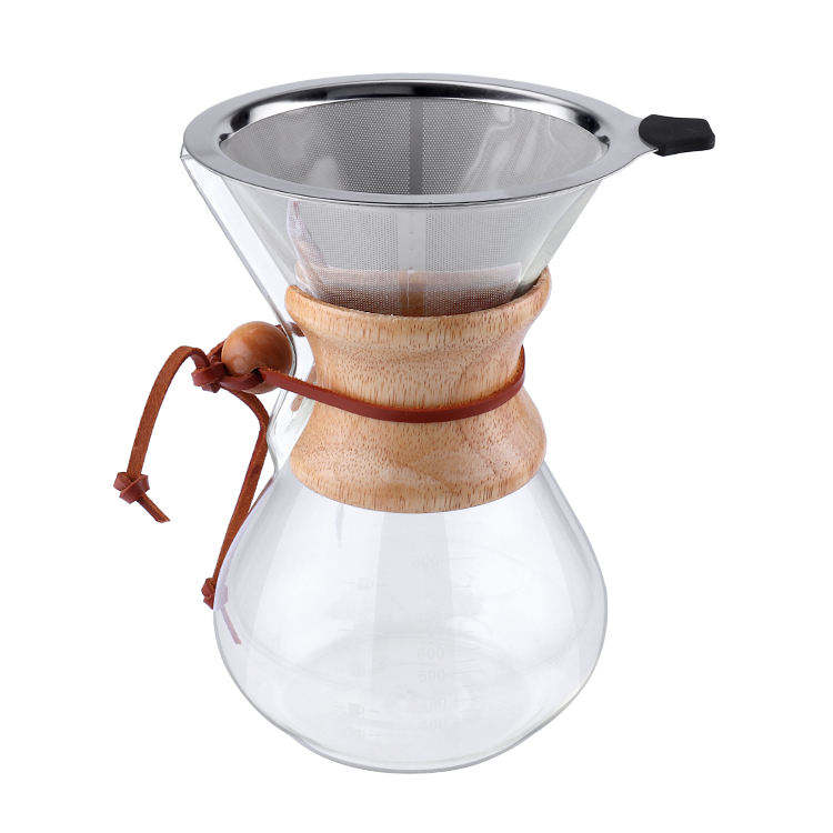 Venta caliente verter sobre cafetera jarra de vidrio de borosilicato alto con goteo de café de acero inoxidable sin papel y manga de madera