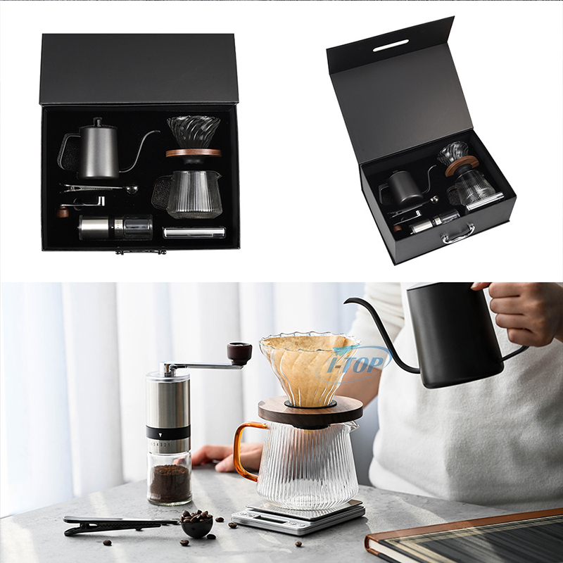Juego de regalo disponible de muestra, kit de café de goteo para viajes al aire libre con filtro de molinillo de café manual, tetera y cuchara